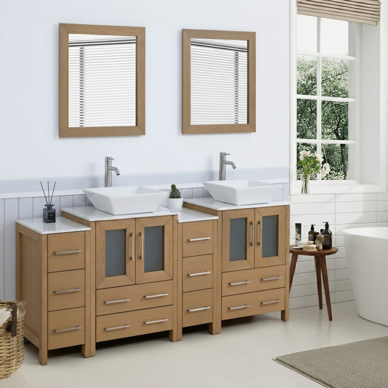  72" Double Bathroom Vanity Set with Mirror, Natural Oak