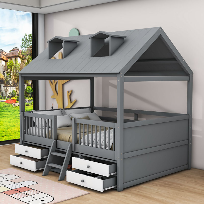 Lit mezzanine avec tiroirs Yacine Kids, gris, Double