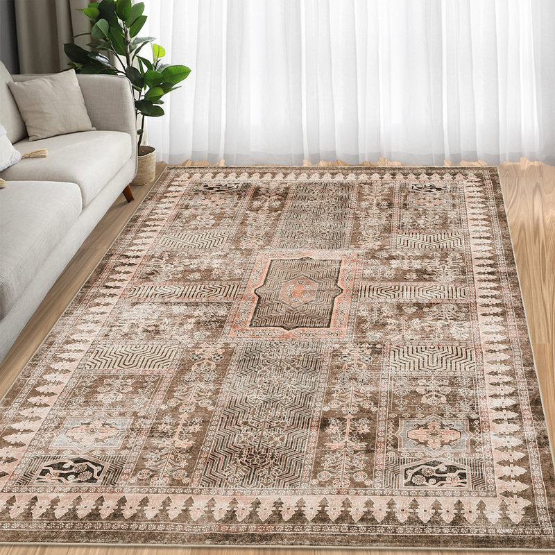 Oriental Machine Washable Area Rug Non-Slip Indoor Carpet Non-Shedding Floral Rug for Living Room Bedroom Dining Room Hallway Kitchen Office Playroom Nursery