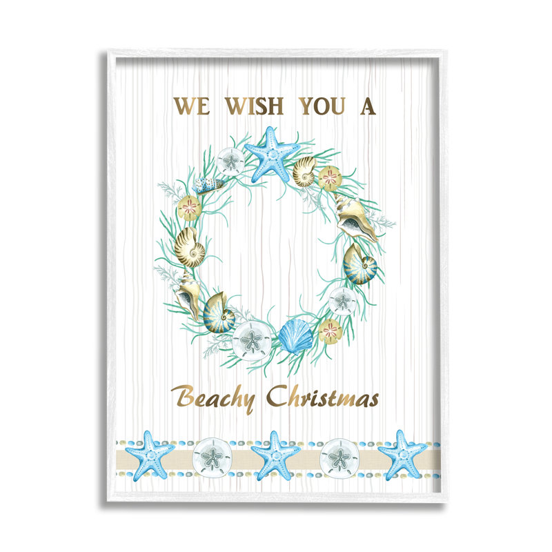 Beachy Christmas Sea Life Seashell Wreath, H 30 po x l 24 po x P 1,5 po, Giclée encadrée blanc bord de mer