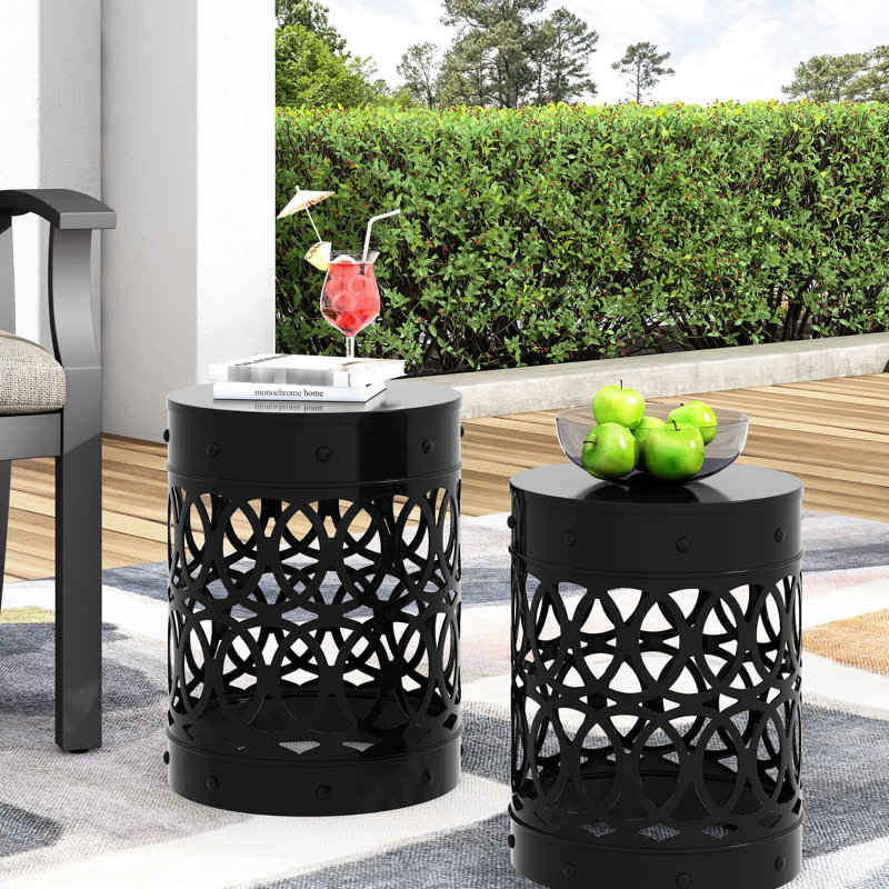 Modern Outdoor Iron End Table - Black Metal Side With Powder-Coated Frame, No Assembly Needed Cut Design For Patio, Black