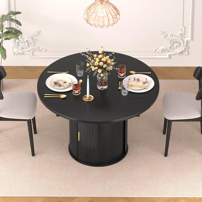 47-63" Extendable Round Dining Table for 4-8 People, Mid-Century Modern Kitchen Table with Storage Cabinet, Black