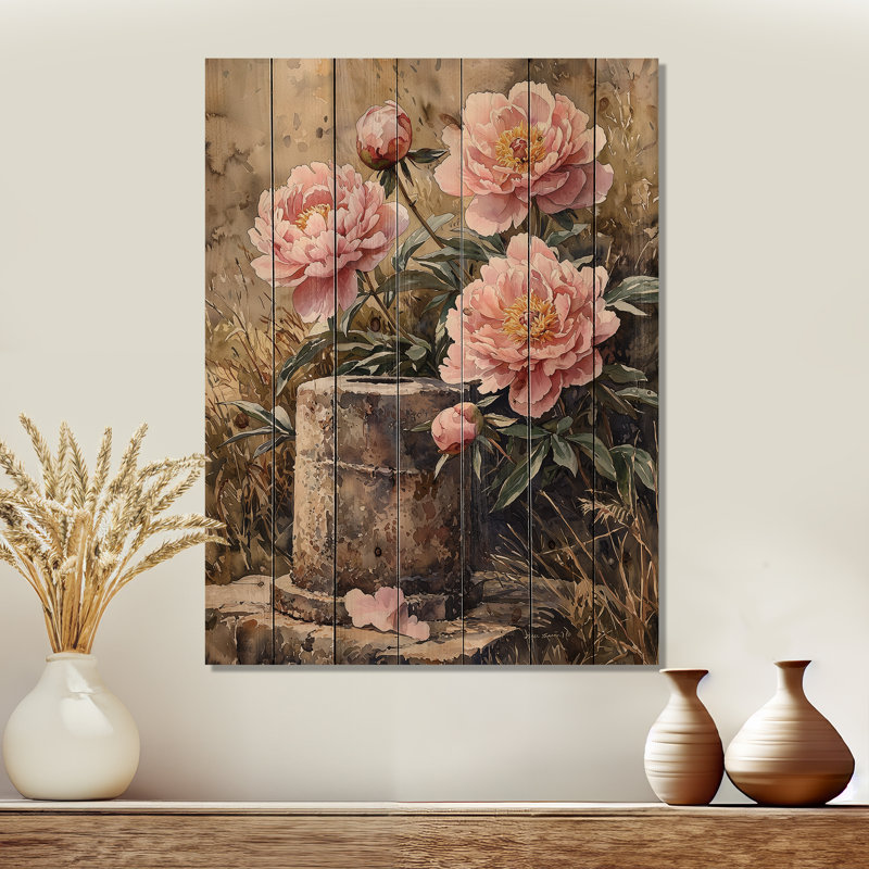 Pivoines par le puits de ferme II - décoration murale en bois de pivoines - sur bois de pin naturel