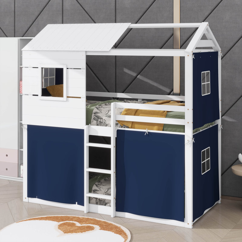 Lit simple superposé en bois, lit maison avec fenêtres et tente, cadre de lit mezzanine bas avec garde-corps protecteur