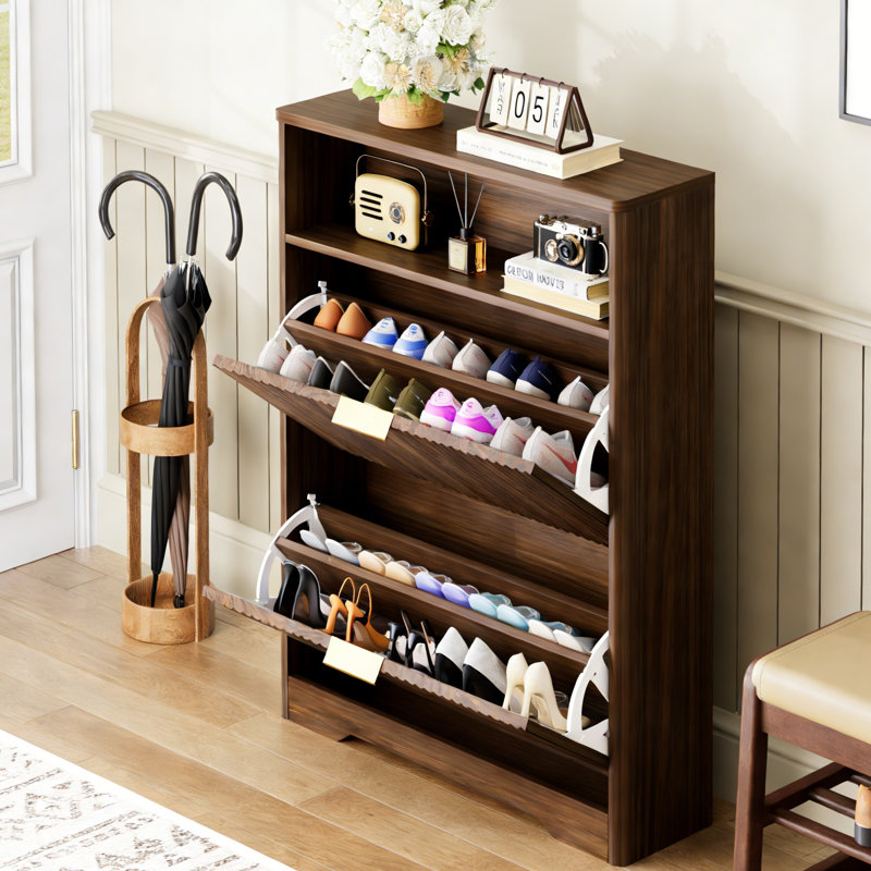 Shoe Cabinet Storage For Entryway Hidden Shoes Storage Cabinet With 2 Flip Drawers, Dark Natural