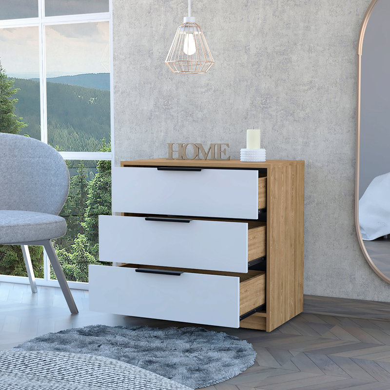 Commode 3 tiroirs, plateau supérieur - blanc / pin, White
