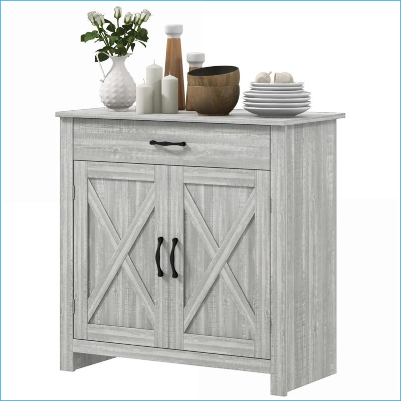 Sideboard Buffet Cabinet, Farmhouse Barn Door with Drawer &amp; Adjustable Shelf, Stone Gray | MDF, Particleboard, Light Gray