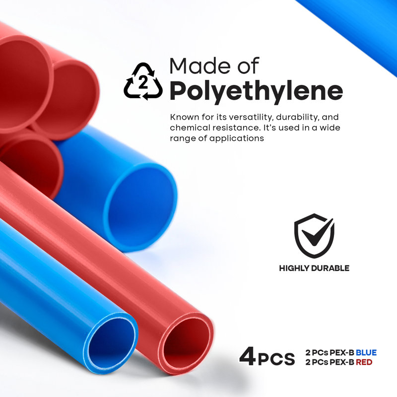 Bâton 3/4 "x 4 pi PEX-B, paquet de 2 tubes rouges et 2 tubes bleus pour l'eau potable