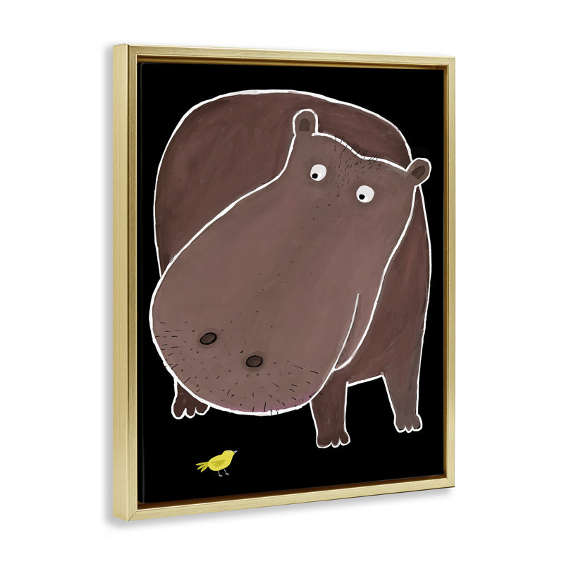 Hippopotame et oiseau sur cadre flottant noir, design par Carla Daly, H 21 po x l 17 po, Cadre flottant métallique doré