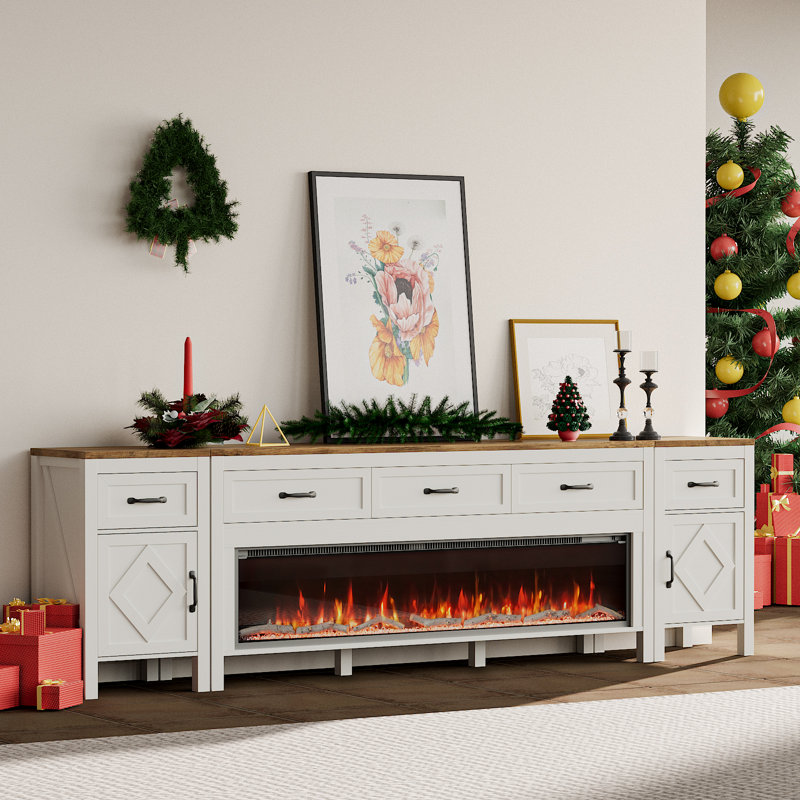 Farmhouse Tv Stand With Fireplace For Tvs Up To 100 Inch,Entertainment Center With 60" Electric Fireplace,98" Tv Console With Storage Cabinet Drawers For Living Room(Off White)
