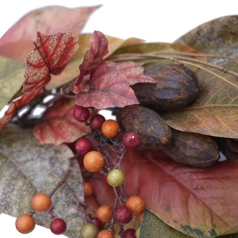 24 Inch Artificial Fall Magnolia Leaf Berry Wreath Autumn Leaves Thanksgiving Harvest Pinecones