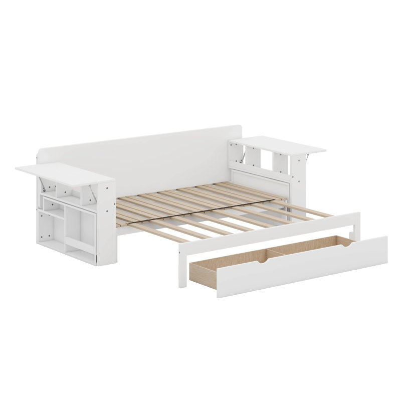 Daybed With Removable Desk, Storage Drawers & Hydraulic Side Table, White, Queen