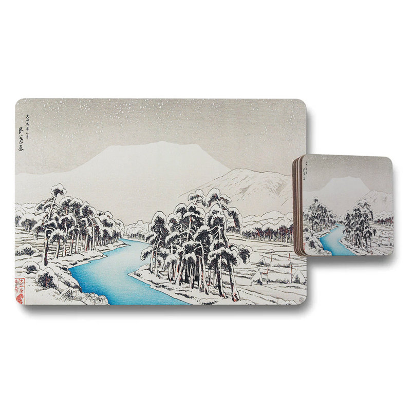 Japanese Landscape Placemat And Coaster Set With Mountain River Scene