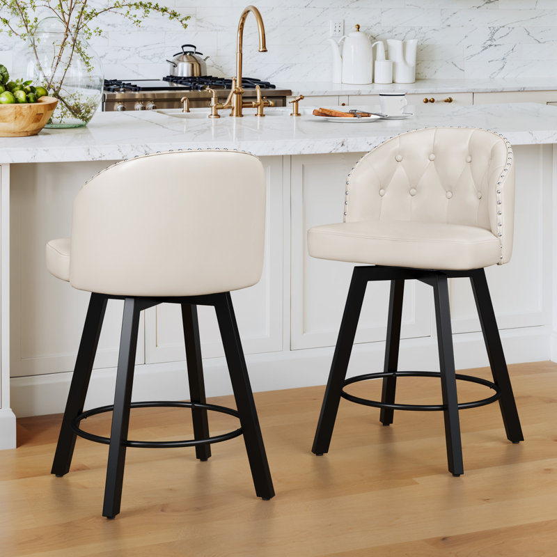 26" Swivel Upholstered Counter Stool With Backrest , White/Faux Leather