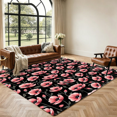 Floral Poppy Area Rug, Non-Slip Soft Indoor Floor Mat for Living Room, Bedroom, Kitchen, Entryway, Patio Decor and Accessories