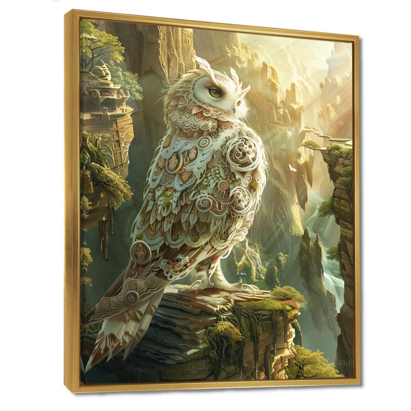 Hibou blanc majestueux dans les montagnes, Toile flottante dorée encadrée, H 32 po x l 16 po