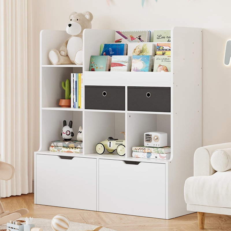 Rangement pour jouets 47,8 "avec tiroirs et casiers, bibliothèque moderne en bois pour salle de jeux, chambre d'enfant et salle de classe