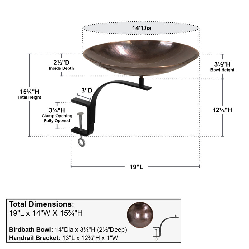 Burnt Copper 15" Hammered Birdbath with Rail Mount Bracket