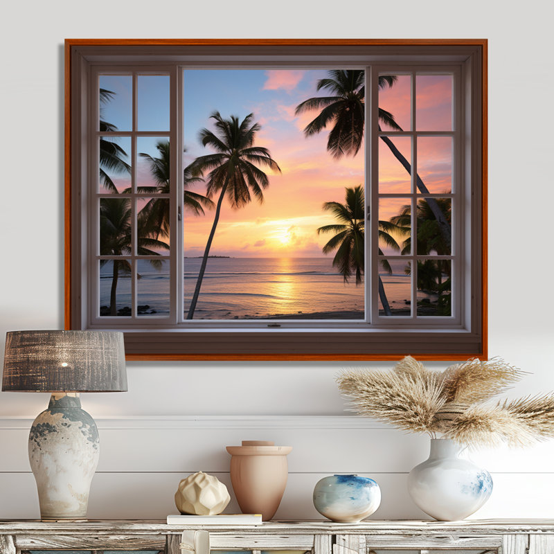 Vue tropicale de l'océan par une fenêtre blanche ouverte I - art mural côtier, H 12 po x l 20 po, Cadre photo noir