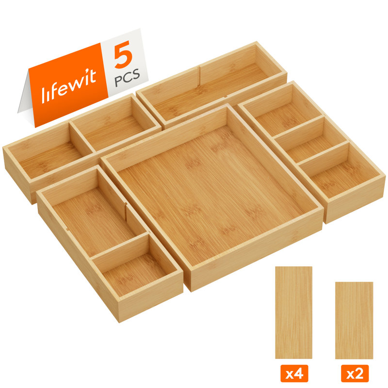 Ensemble de 5 organisateurs de tiroir (11 grilles) avec 6 inserts, séparateurs de tiroir réglables en bois de bambou, boîte de rangement empilable pour ustensiles, argenterie, maquillage, malbouffe dans la cuisine / salle de bain / bureau / meuble-lava
