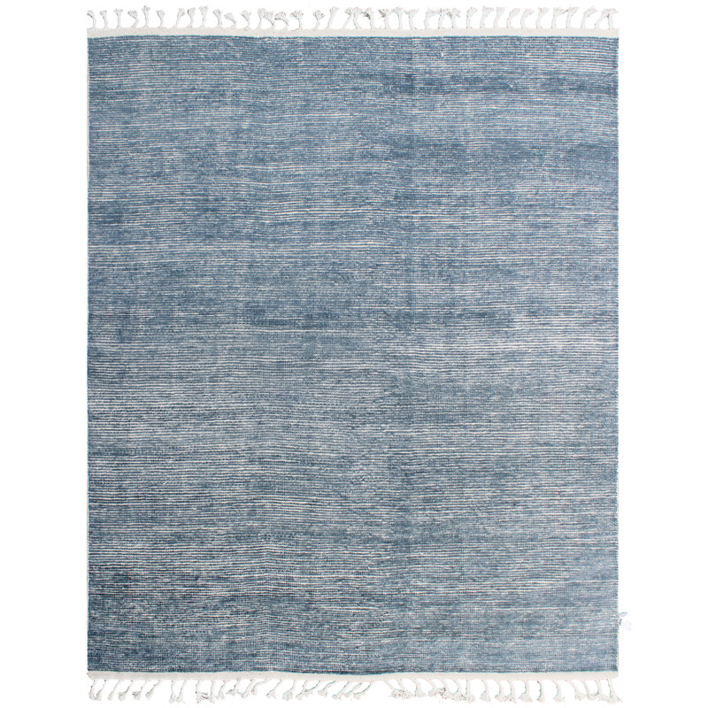 Tapis rectangulaire en laine noué à la main bleu / ivoire, Rectangle 12 pi x 15 pi