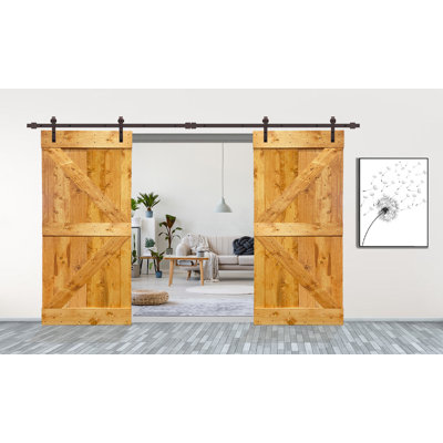 Porte de grange en panneaux de bois et métal teintés double pré-assemblé avec ensemble de quincaillerie d’installation