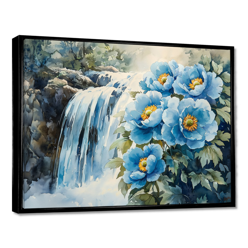 Pivoines par la cascade VI - art mural pivoines, H 12 po x l 20 po, Reproduction avec cadre flottant, Noir