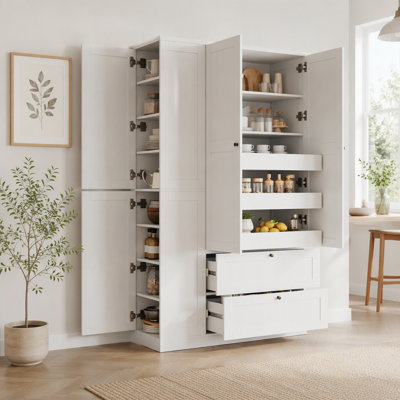 Tall Farmhouse Kitchen Pantry Cabinet with 8 Shelves, 2 Drawers, 3 Pull-Out Trays, 4 Doors and Side Cabinets for Kitchen & Dining Room