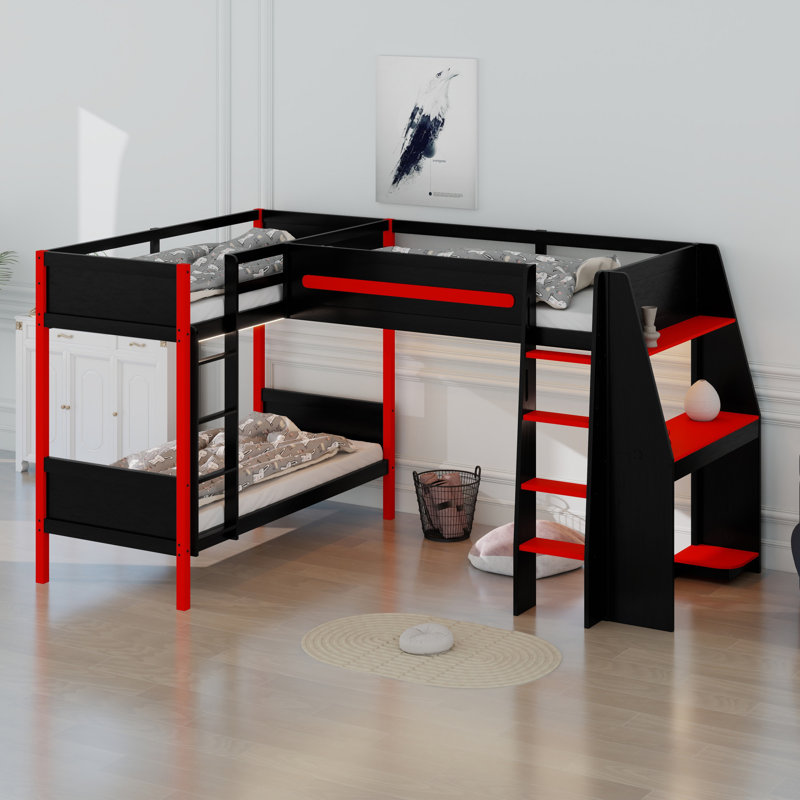 Lit superposé en L avec lit mezzanine, bureau intégré, tablettes et DEL