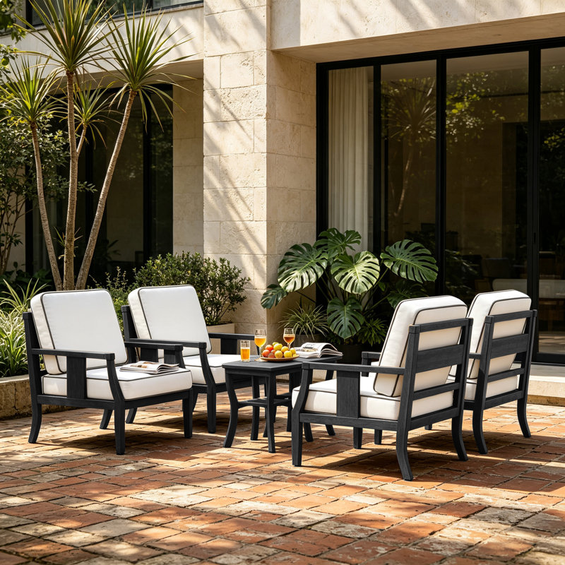 Teak Outdoor Four-person Conversation Set With Cushion And Two Side Tables, Beige, Black