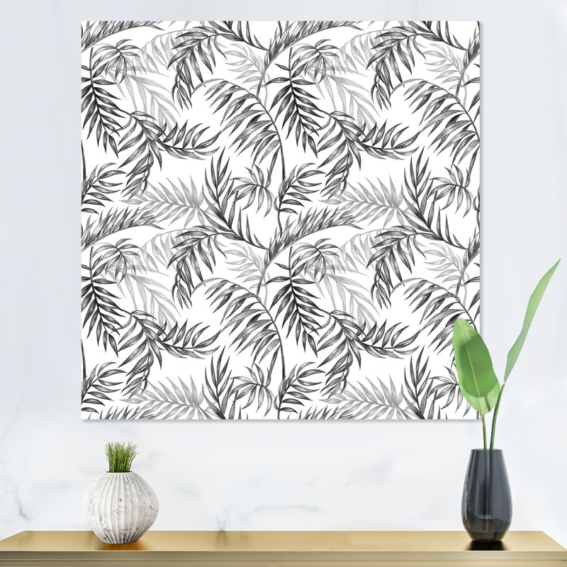 «Black and White Palm Leaves On White», reproduction d'art sur toile à motifs, H 16 po x l 16 po x P 1 po, Toile tendue
