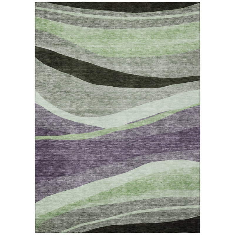 3' X 5' Purple And Green Abstract Washable Indoor Outdoor Area Rug