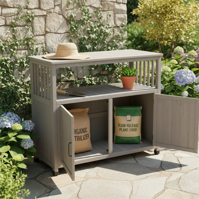 Wooden Patio Bar Table With Storage, Kitchen Island And Buffet Sideboard For Indoor & Outdoor