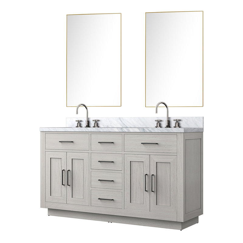 Meuble-lavabo double 60 po en chêne blanc avec comptoir en marbre, robinet, miroir l 55 po x P 22 po
