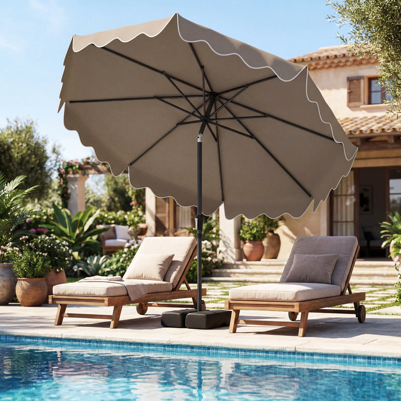 Parasol de patio 9 pi avec base lestée, sacs de sable, bouton poussoir, manivelle, nervures robustes, brun, Brown