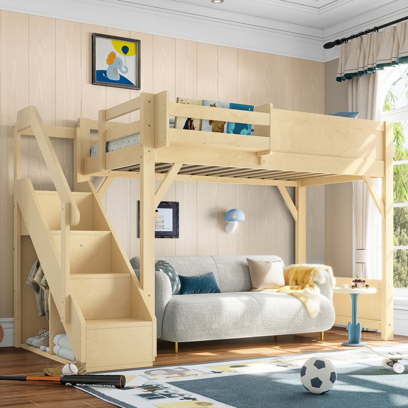 Twin Size Solid Wood Loft Bed with Built-in Wardrobe, Storage, Bedside Shelves, Guardrails & Stairs, Natural, Natural, Twin