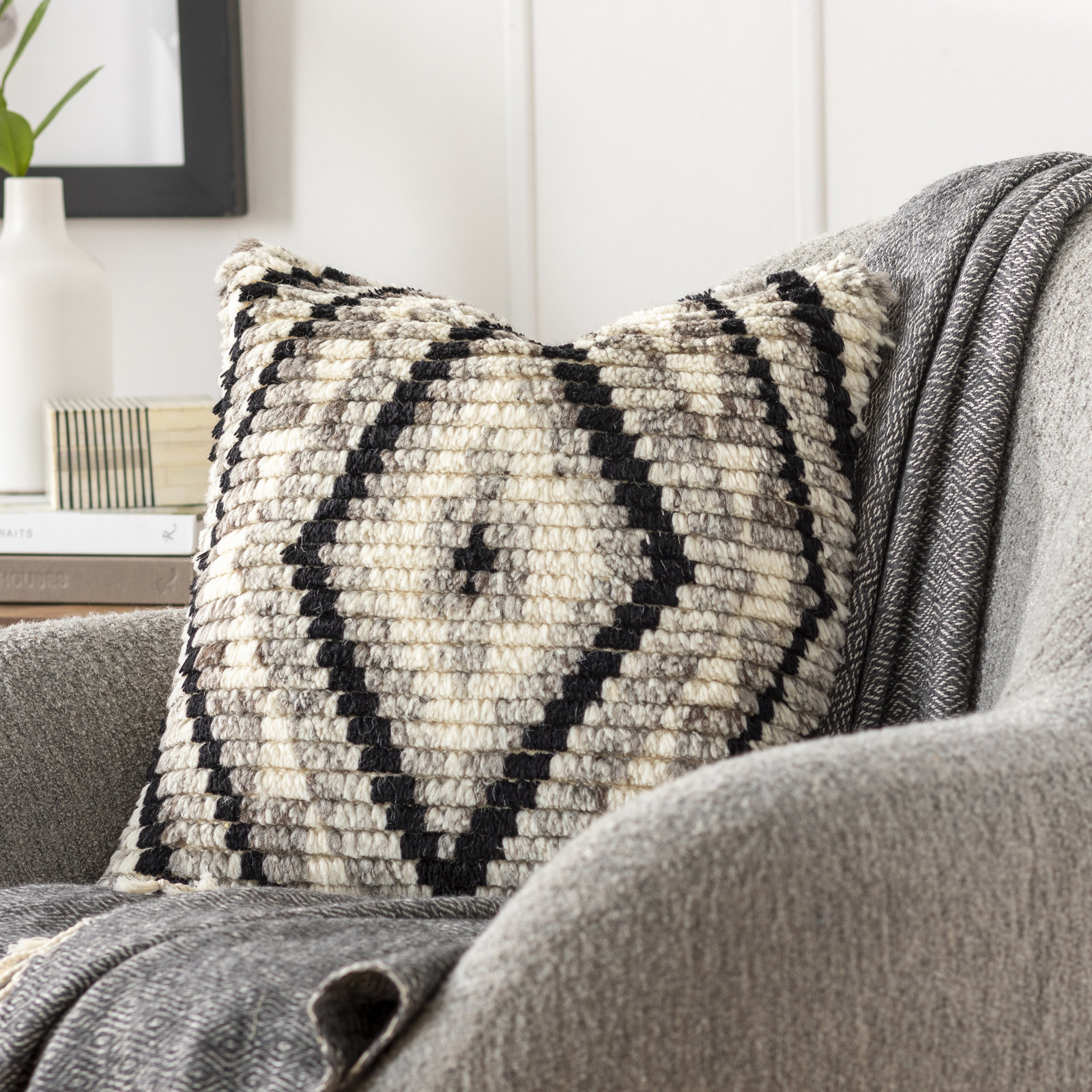 Cyan Geometric Wool Throw Pillow, 18" x 18", Polyester