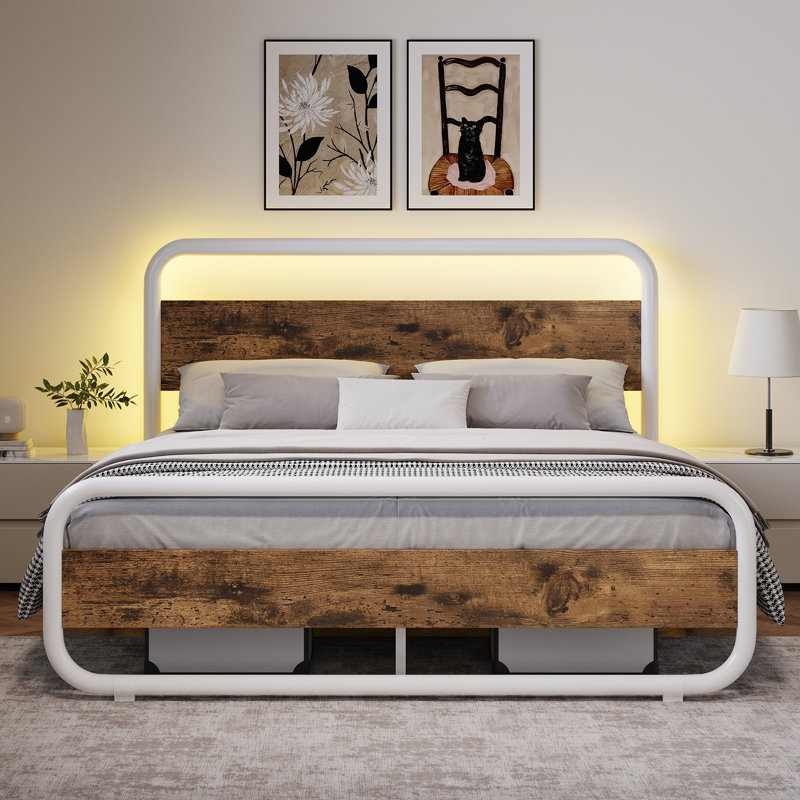Metal  Bed Frame with LED Headboard and Footboard, Rustic Industrial Heavy Duty Wooden Platform Bed Frame with Under Bed Storage, Noise Free, No Box Spring Needed