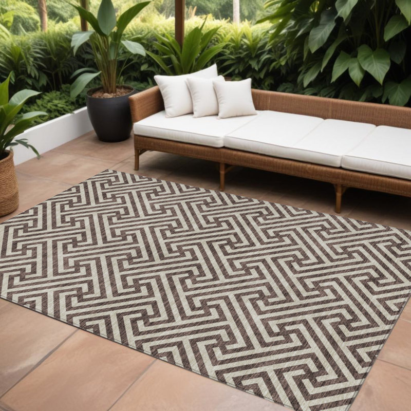 Tapis intérieur et extérieur lavable géométrique 10 pi x 14 pi brun et beige