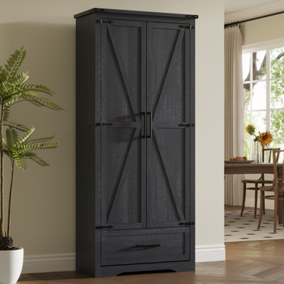 72" Kitchen Pantry Cabinet with Double Barn Door, Farmhouse Kitchen Storage with Adjustable Shelves and Drawer
