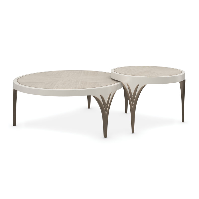 Transitional Round Nesting Cocktail Table in Brown & White with Storage