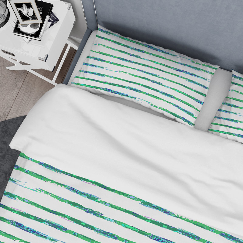 White And Green Striped Pattern Polyester Striped Duvet Cover, Full/Double Duvet Cover + 2 Standard Shams