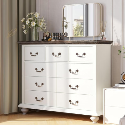 Commode 9 tiroirs pour chambre à coucher, grand meuble télé moderne avec grands tiroirs et poignées en métal
