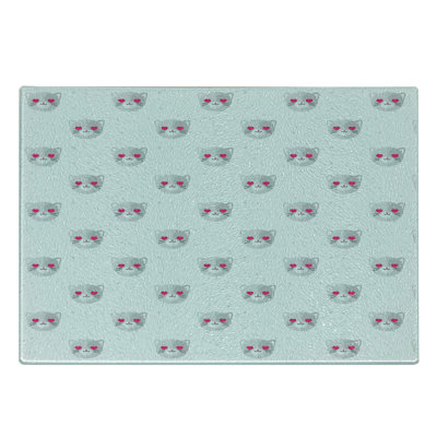 Ambesonne Cat Tempered Glass Cutting Board Kitty Faces Pink Hearts Print Pale Grey Pink and White