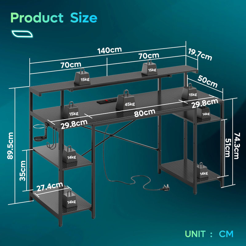 Metal Base Computer Desk with Power Outlet, Carbon Fiber Black
