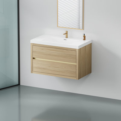 Meuble-lavabo mural avec lavabo, armoire de rangement flottante, comptoir en résine de pierre, tiroirs à fermeture en douceur, chêne naturel 24v15-36no