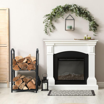 Support à bois de chauffage intérieur / extérieur à 2 niveaux avec ensemble d'outils de foyer, brosse, pelle, tisonnier, pinces - support à bûches en acier imperméable, poêle en fer forgé noir - 17 x 12 x 29