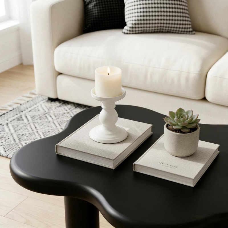 Table basse de 40 pouces en forme de nuage avec 4 pieds de table ronds, convenant aux salons, noir, Black