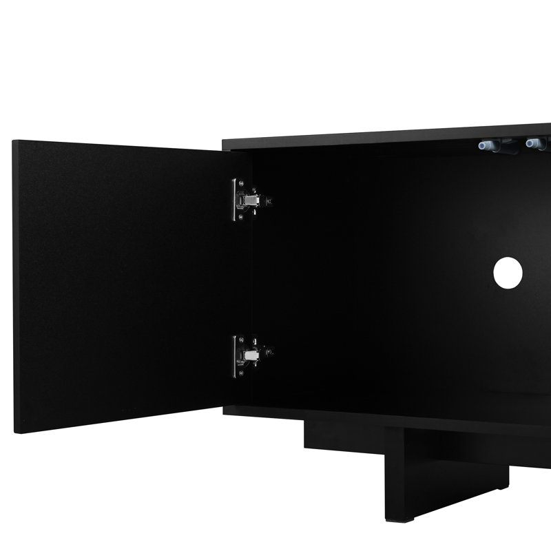 Console média noire avec motifs de grain de bois naturel et conception ondulée, pour téléviseurs de 75 po ou moins, porte de rangement pour câbles