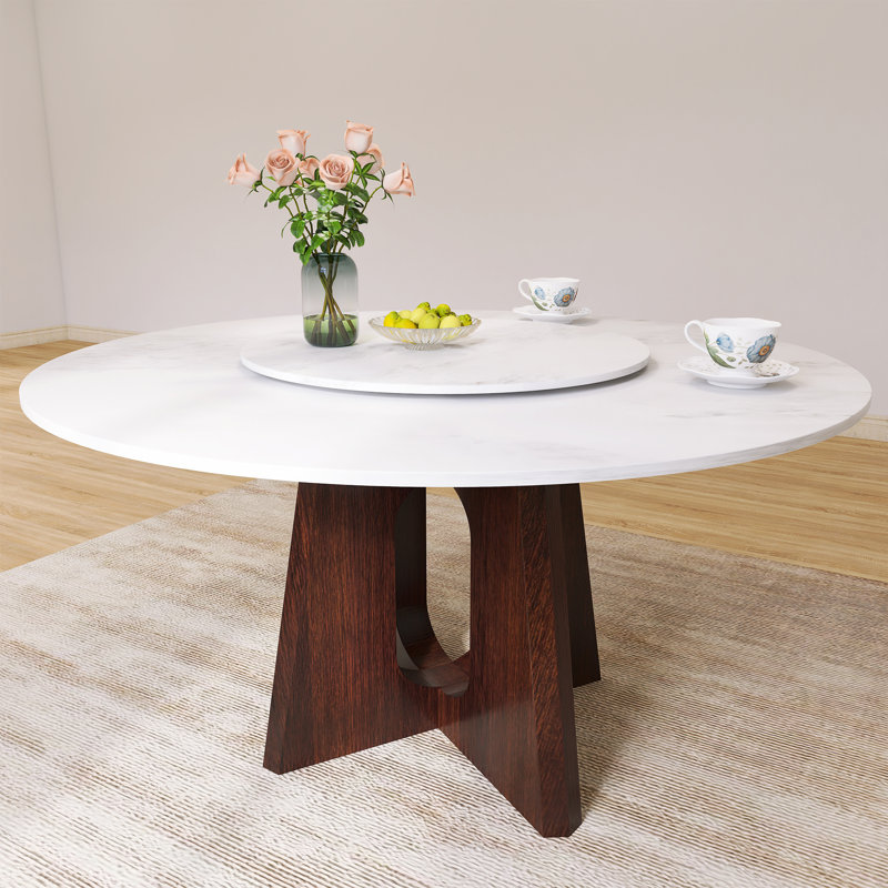 Table de salle à manger 59 "en pierre frittée ronde avec base en bois de noyer massif